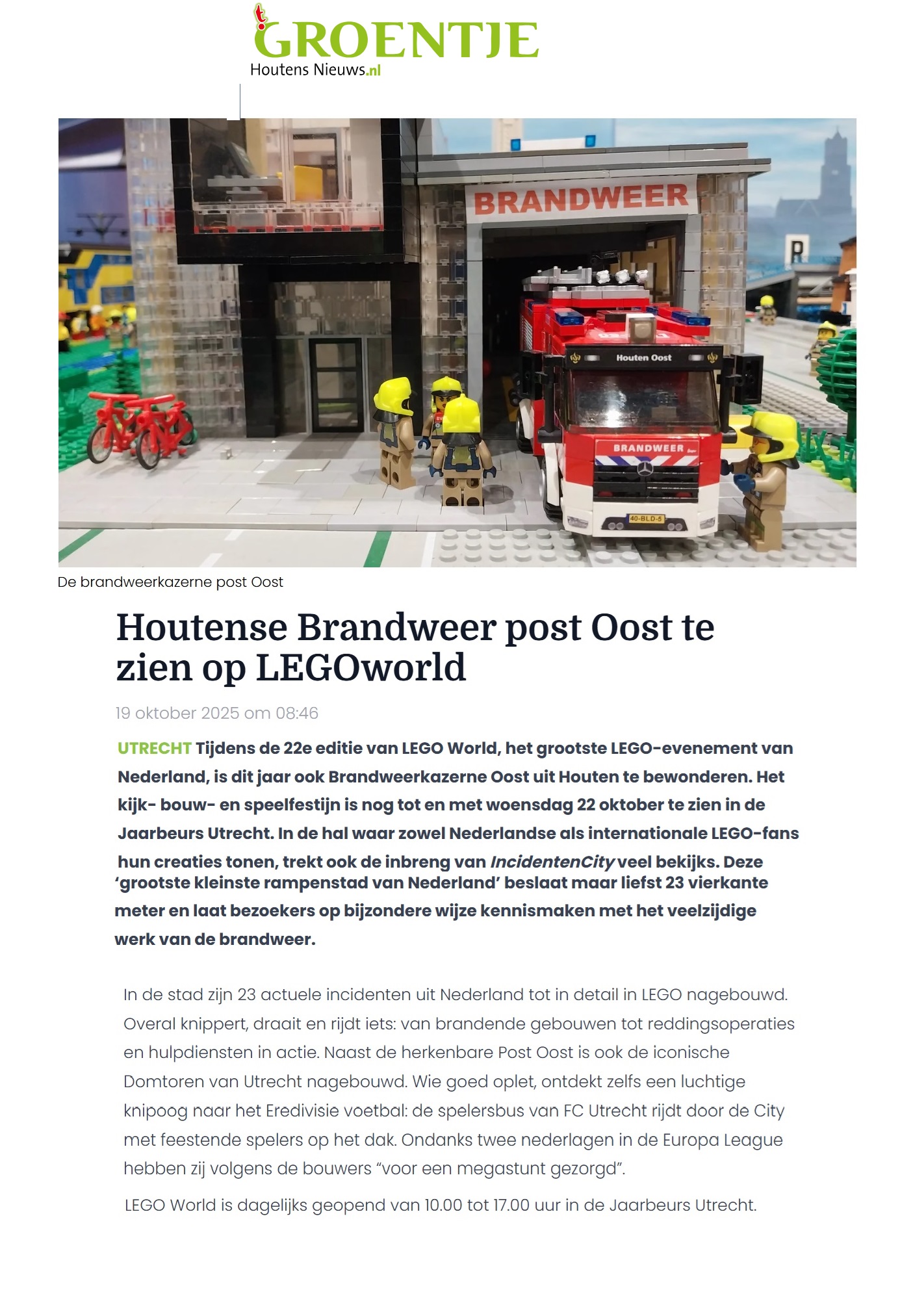 Brandweerpost Houten Oost op LEGOWORLD IncidentenCity Houtens nieuws okt 25